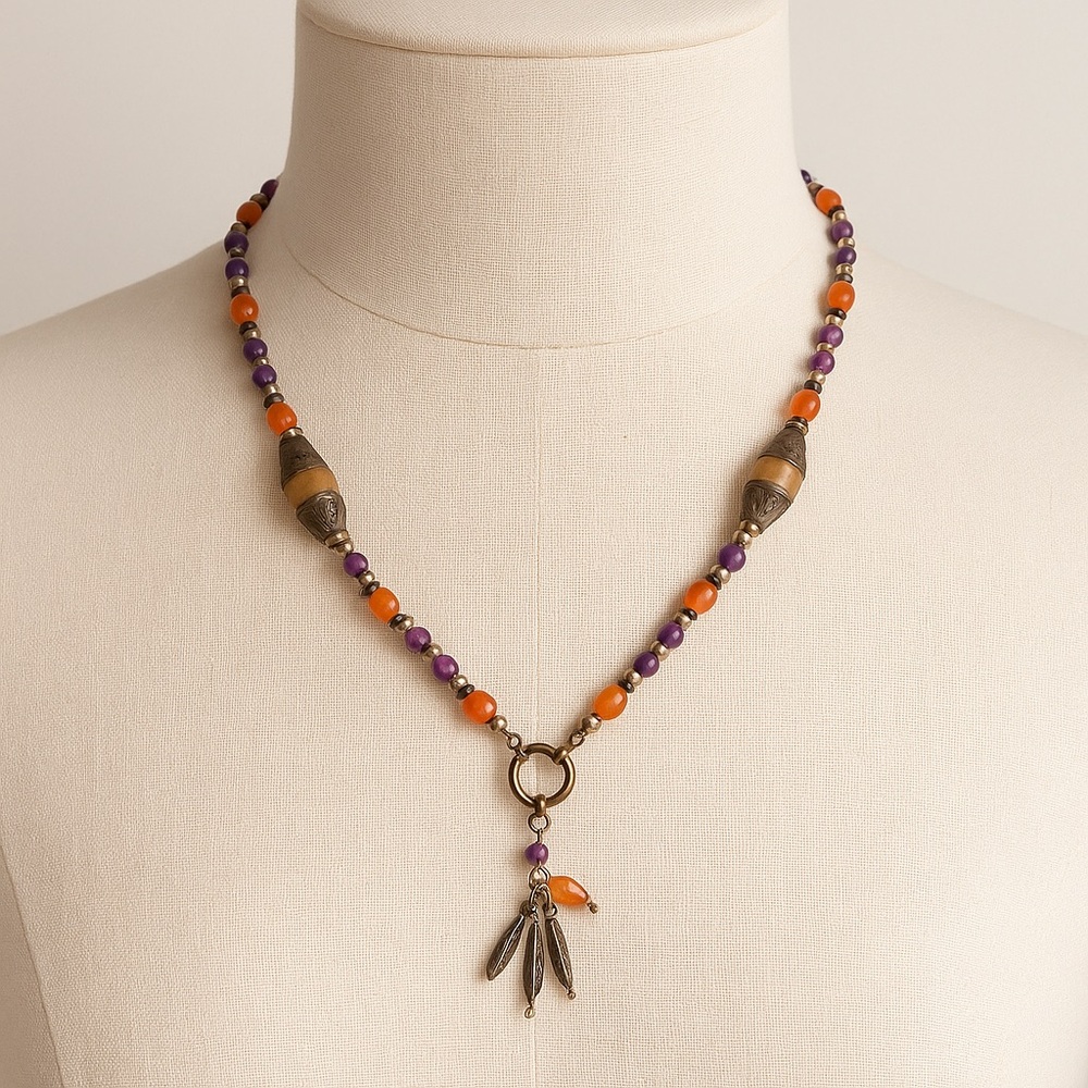 Artisan Beaded Necklace with Orange and Purple Beads